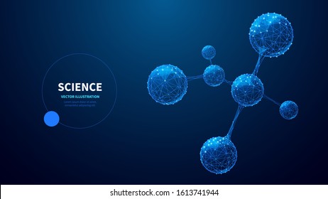 Abstract model of molecule low poly wireframe on blue background. Science and medical concept with connected dots. Starry sky low poly wireframe digital vector illustration on white background. 
