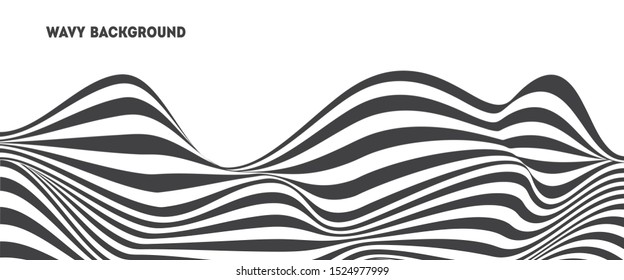 Abstract modern 3d background with optical illusion wave. Black and white horizontal lines stripes with wavy distortion effect.  