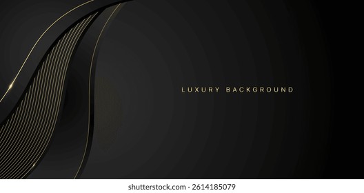 Abstract modern 3d black background with gold lines with copy space for text. Luxury style template design. Vector illustration