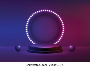 Abstract modern 3d cylinder podium with neon light. Product display presentation, show cosmetic product. Background vector geometric 3d studio room concept.