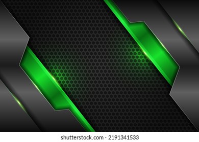 Abstract Modern 3D Geometric Overlap Glowing Green on Silver Metallic Background
