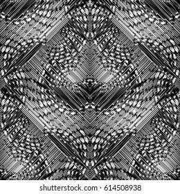 Abstract modern 3d seamless pattern. Geometric striped grunge background with stylish shapes, figures, rhombus, strokes, embroidery effect. Vector surface texture for wallpapers,prints,textile,fabric.