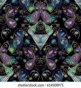Abstract modern 3d seamless pattern. Geometric floral  grunge background with colorful shapes, figures,rhombus, strokes, butterflies,flowers, embroidery effect. Vector surface texture 