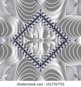 Abstract modern 3d vector seamless pattern. Ornamental silver background. Textured line art floral ornament with surface flowers, lines, stripes, rhombus, frames, waves. Geometric symmetrical design.