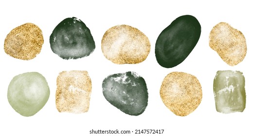 Abstract modern acrylic organic shapes. Gold and green aesthetic watercolor stain on white background for logo, print, stationary, business card, wall art, marketing, social media.