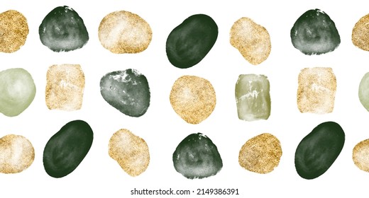 Abstract modern acrylic organic shapes seamless pattern. Fashion Gold and green aesthetic watercolor stain on white background for logo, print, stationary, business card, wall art, marketing, 