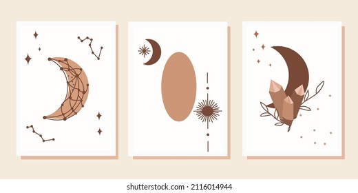 Abstract modern aesthetic background, desert mountain landscape with sun and moon. Neutral color tones. Boho-style wall decor. Vector