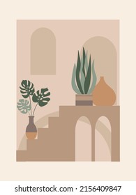 Abstract modern aesthetic background with desert landscape, stairs, vases, moon. Wall decor in boho style. Mid-century modern minimalist art print.