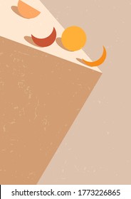 Abstract modern aesthetic background with different phases of the moon, geometric shapes in the style of Boho. Trend illustration in terracotta colors for wall decoration, postcard or brochure