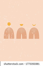 Resumen de fondo estético moderno con diferentes fases de la luna, formas de balance geométrico, arcoiris al estilo Boho. Ilustración vectorial de moda editable en colores de terracota para medios sociales.
