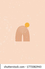 Resumen de fondo estético moderno con formas de balance geométrico, arco iris, sol al estilo Boho. Ilustración vectorial de moda en colores terracota para decoración de paredes, postal o folleto, medios sociales.