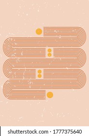 Resumen de fondo estético moderno con formas de balance geométrico, arco iris, sol al estilo Boho. Ilustración vectorial de moda en colores terracota para decoración de paredes, postal o folleto, medios sociales.