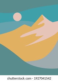 Abstract modern aesthetic background, landscape with yellow mountain. Earthy tones, pastel tones. Boho style wall decor. Mid-century modern minimalist art print. Flat design.
