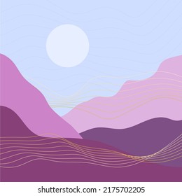 Abstract modern aesthetic background with landscape, desert, mountains, sun. Cartoon flat drawings of mountains with golden lines. Modern print, minimalist art. Wall decor in boho style