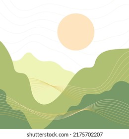 Abstract modern aesthetic background with landscape, desert, mountains, sun. Cartoon flat drawings of mountains with golden lines. Modern print, minimalist art. Wall decor in boho style