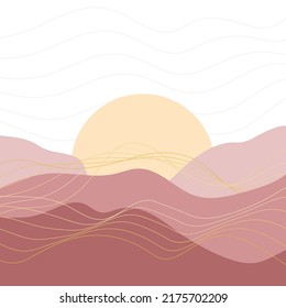 Abstract modern aesthetic background with landscape, desert, mountains, sun. Cartoon flat drawings of mountains with golden lines. Modern print, minimalist art. Wall decor in boho style