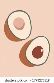 Abstract modern aesthetic background with sliced avocado, shadow, geometric shapes in the style of Boho. Trend illustration in earth colors for wall decoration, postcard or brochure, social media