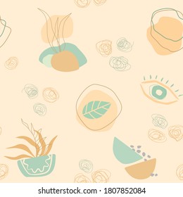 Abstract modern aesthetic seamless patterns with trendy shapes, plants. Creative Scandinavian background for fabric, packaging, textile, wallpaper, clothing. Vector illustration in hand draw style.