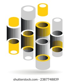 Abstrakte moderne Architektur, vektorgeometrischer Hintergrund, 3D isometrisches Muster mit Zylindern, Röhren und Rohren rhythmische optische Kunst.