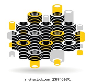 Abstract modern architecture vector geometric background, 3D isometric pattern with cylinders, tubes and pipes rhythmic optical art.
