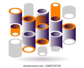 Abstract modern architecture vector geometric background, 3D isometric pattern with cylinders, tubes and pipes rhythmic optical art.