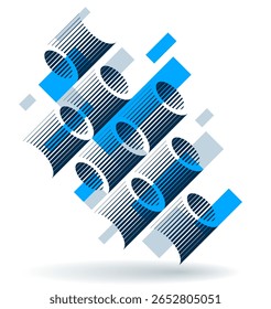 Vetor de arquitetura moderna abstrato plano de fundo geométrico, padrão isométrico 3D com cilindros, tubos e tubulações de arte óptica rítmica.