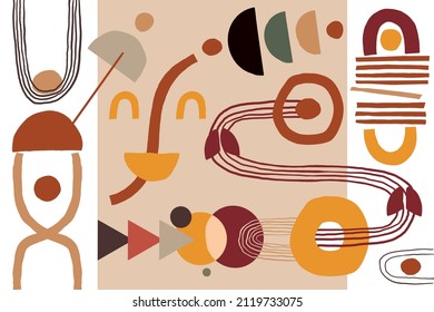 Abstract Modern Art Background with simple geometric shapes of lines and circles. Boho vector illustration in minimalist style and terracotta colors for poster, cover, banner, social media post