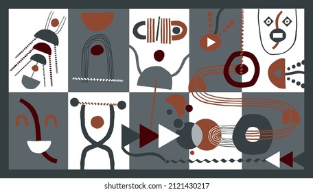 Resumen Fondo de Arte Moderno con formas geométricas simples de líneas y círculos. Ilustración vectorial de Boho en estilo minimalista y colores de terracota para afiches, portada, banner, publicación en medios sociales