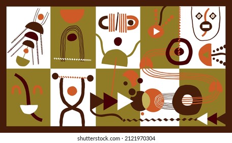 Abstract Modern Art Background with simple geometric shapes of lines and circles. Boho vector illustration in minimalist style and terracotta colors for poster, cover, banner, social media post