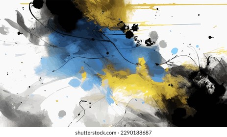 Abstract modern art. Blue, yellow and black color splashes on white background. Wide watercolor banner template. Colorful cloud or explosion. Colors of Ukrainian flag. Realistic vector illustration