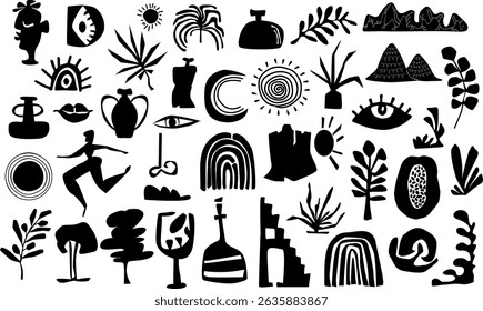 abstract modern art boho style silhouette graphic collection, isolated vector illustration elements shapes forms, organic plants branches, nature tribal lino cut out style objects set in black color