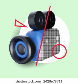 Abstract modern art collage composition with video camera and decorative elements. Creative bright trendy concept illustration. Stylish vector background for cover banner, poster, card.