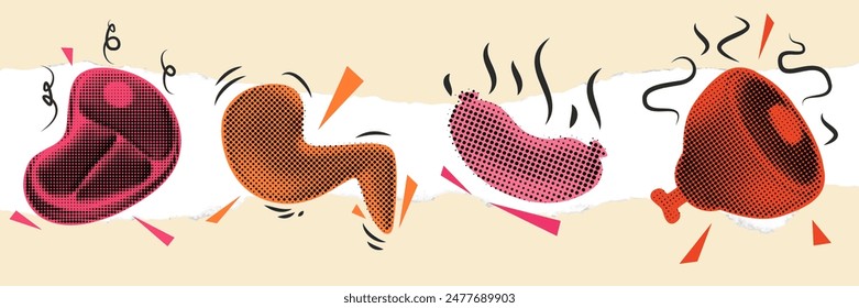 Abstract modern art collage composition with meat food and decorative doodle elements. Creative bright trendy concept illustration. Stylish vector background for cover banner, poster, card.