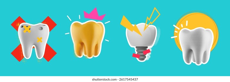 Abstract modern art collage composition with tooth and decorative elements. Creative bright trendy concept illustration. Grunge vector background for cover banner, poster, card.