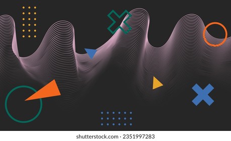 Abstract modern art with colorful Memphis geometric figures and wavy lines on black background. High-tech cyberpunk concept design. Wireframe science backdrop. Futuristic wallpaper, digital template.