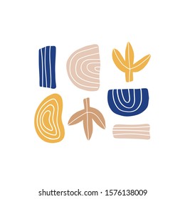 Abstract modern art composition hand drawn vector illustration. Minimalistic leaf and colorful shapes isolated on white background. Stylish minimalistic doodle drawing, artistic design element