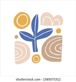 Abstract modern art composition hand drawn vector illustration. Minimalistic leaf and colorful shapes isolated on white background. Stylish minimalistic doodle drawing, artistic design element