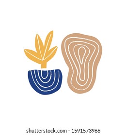 Abstract modern art composition hand drawn vector illustration. Minimalistic leaf and colorful shapes isolated on white background. Stylish minimalistic doodle drawing, artistic design element