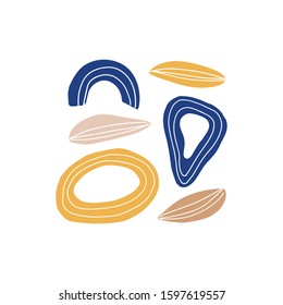 Abstract modern art composition hand drawn vector illustration. Minimalistic leaf and colorful shapes isolated on white background. Stylish minimalistic doodle drawing, artistic design element