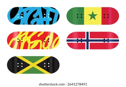 Abstract Modern Art Curve Lines Geometrical Background
Jamaica Senegal Norway Graffiti 
Fingerboard Skateboard Deck Graphics Design Preview Mockup Template