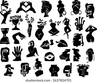 abstract modern art figures , cut out block print silhouettes vector illustration graphic design elements set