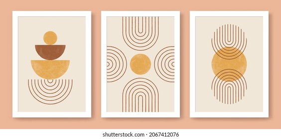 Abstract modern art with geometric balance shapes. Abstract arch, moon, earth print