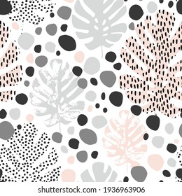 Abstract modern art illustration with tropical leaves, grunge, doodles, minimal elements, rounded rosettes. Animal print skin seamless pattern. Trendy vector in scandinavian style.