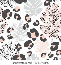 Abstract modern art illustration with tropical leaves, grunge, doodles, minimal elements, rounded rosettes. Animal print skin seamless pattern. Trendy vector in scandinavian style.