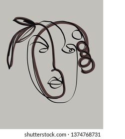 Abstract Modern Art Minimal One Line Face. Simple Design For Poster, Card, Flyer, Logo. Hand Drawn Doddle Illustration In Cubism Trendy Style. Contemporary art. Funny surrealistic portrait of woman