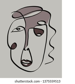 Abstract Modern Art Minimal One Line Face. Simple Design For Poster, Card, Flyer, Logo. Hand Drawn Doddle Illustration In Cubism Trendy Style. Contemporary art. Funny surrealistic portrait of woman