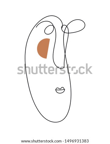 Abstract Modern Art Minimal One Line Face. Simple Design For Poster, Card, Flyer, Logo. Hand Drawn Doddle Illustration In Cubism Trendy Style. Contemporary art. Funny surrealistic portrait of woman