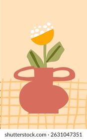 Abstract modern art minimalist cutout style design of a yellow flower with a green stem in a pink vase. Beige background with checkered pattern at the bottom. Vector home decor poster
