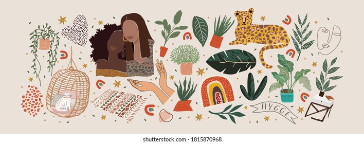 Abstract modern art objects. Vector illustrations of fashionable portraits, spots, cozy interior items, textures, jungle and leopard. Drawings for background, cover and card
