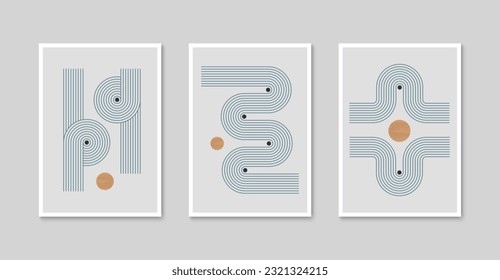 Resumen del conjunto de afiches de arte moderno. Decoración contemporánea minimalista de boho en las paredes. Forma geométrica y diseño de la impresión de líneas Ilustración vectorial.